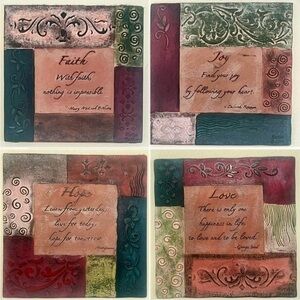 Set of 4 Inspirational Rustic Textured Ceramic Wall Art- Faith, Joy, Hope, Love